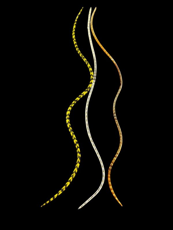 Kézzel festett sárga és homok barna és vöröses halvány csíkos valódi madártoll Hajbatoll 3 darabos szett fekete háttéren fotózva