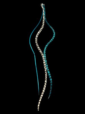 Kézzel festett kék és natúr fekete fehér csíkos valódi madártoll Hajbatoll 3 darabos szett fekete háttéren fotózva