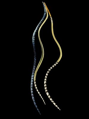 Natúr homok barna csíkos végű és acél kék kézzel festett csíkos valódi madártoll Hajbatoll 3 darabos szett fekete háttéren fotózva