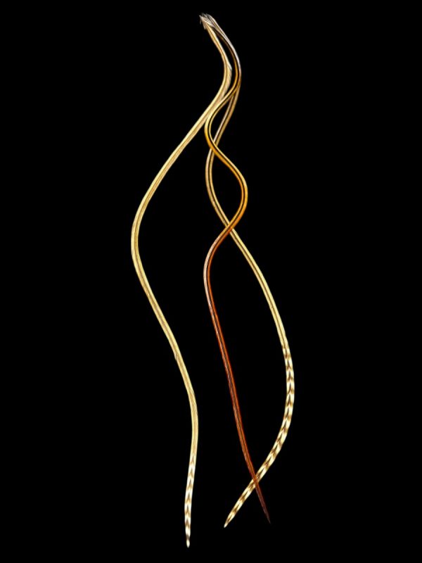 Natúr csíkos végül homok barna és vöröses sima valódi madártoll Hajbatoll 3 darabos szett fekete háttéren fotózva