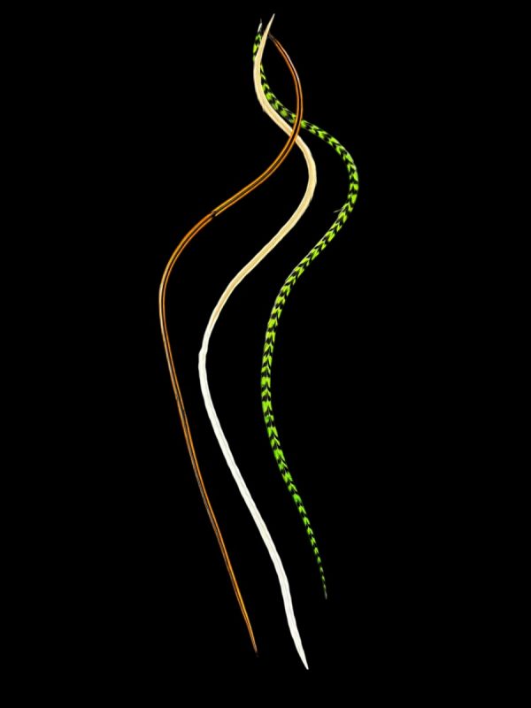 Kézzel festett zöld csíkos, homok barna tetejű fehér végű és vöröses barna valódi madártoll Hajbatoll 3 darabos szett fekete háttéren fotózva