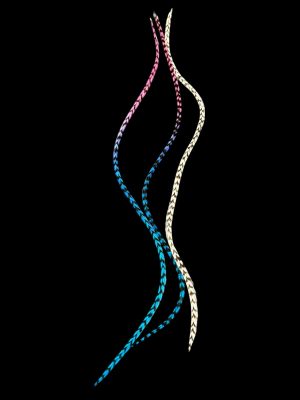 Kézzel festett rózsaszín tetejű sötétkék és türkizkék ombre átmenetes csíkos és natúr barna fehér csíkos valódi madártoll Hajbatoll 3 darabos szett fekete háttéren fotózva