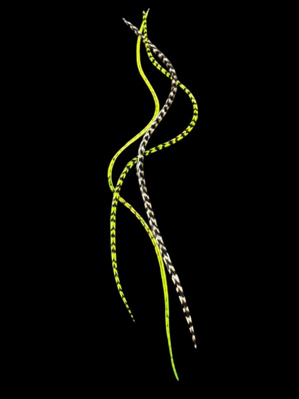 Kézzel festett csíkos neonzöld és natúr fekete-fehér csíkos valódi madártoll Hajbatoll 3 darabos szett fekete háttéren fotózva