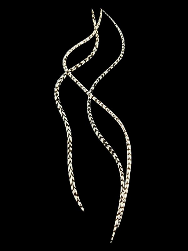 Natúr fekete-fehér zebra csíkos valódi madártoll Hajbatoll 3 darabos szett fekete háttéren fotózva