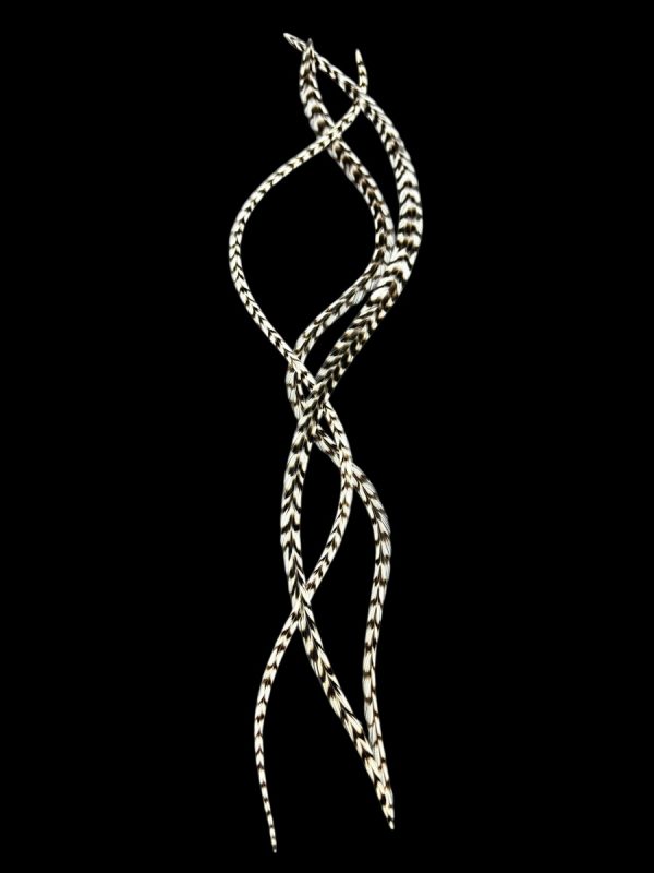 Natúr fekete-fehér csíkos valódi madártoll Hajbatoll 3 darabos szett fekete háttéren fotózva