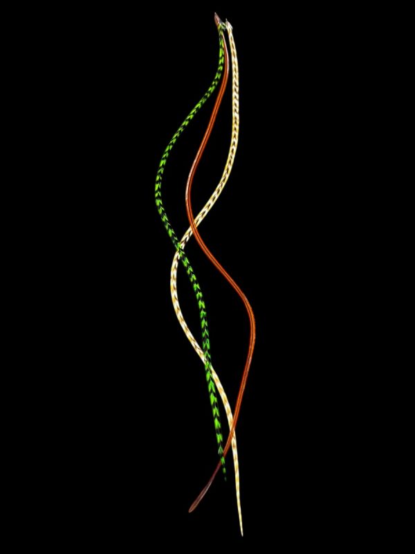 Kézzel festett zöld csíkos és vöröses barna és barnás csíkos valódi madártoll Hajbatoll 3 darabos szett fekete háttéren fotózva