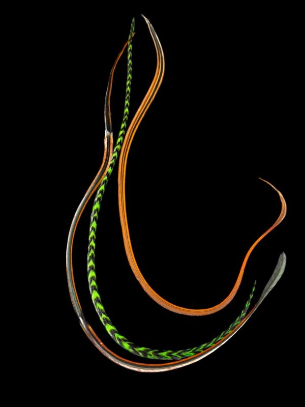 Kézzel festett zöld csíkos, rozsdavörös és irizáló sötét vörös foltos valódi madártoll Hajbatoll 3 darabos szett fekete háttéren fotózva