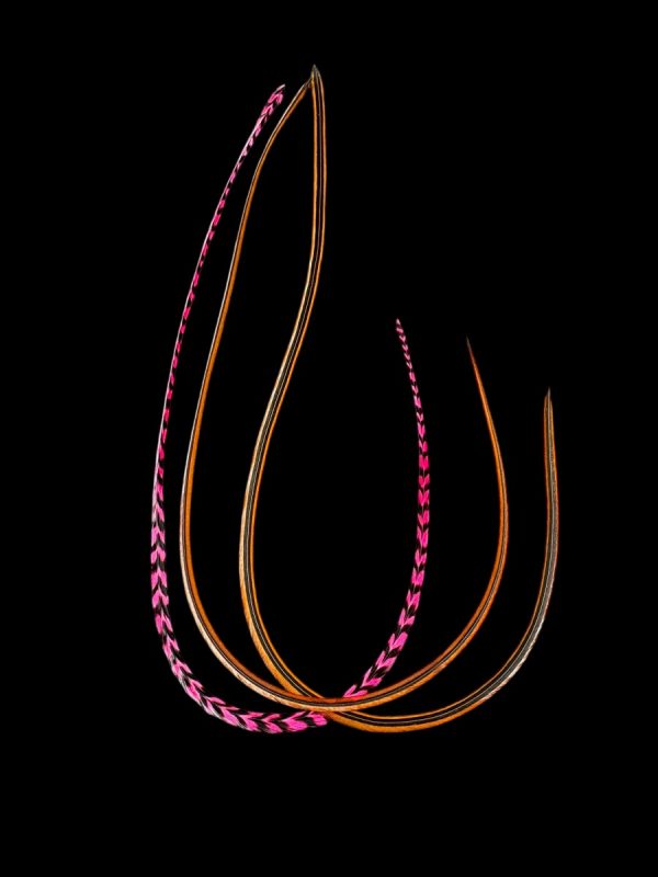 Kézzel festett rózsaszín csíkos és vörösbarna sima valódi madártoll Hajbatoll 3 darabos szett fekete háttéren fotózva