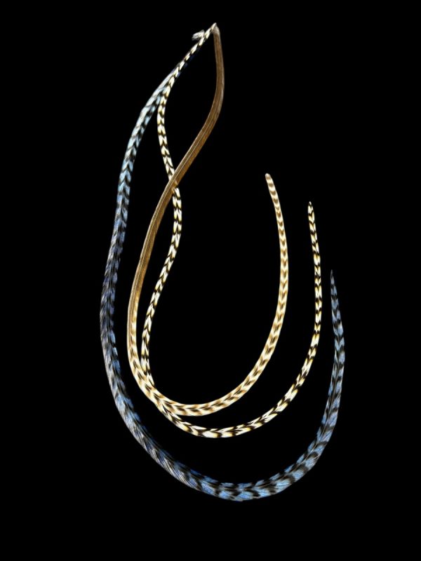 Natúr fekete-fehér csíki, barna csíkos és kézzel festett acélkék valódi madártoll Hajbatoll 3 darabos szett fekete háttéren fotózva