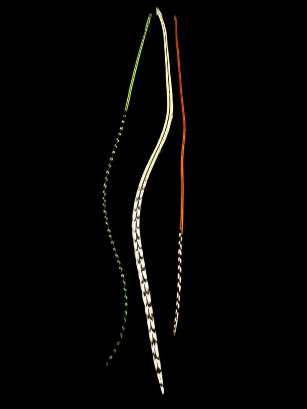 natúr barna-fehér valódi madártoll Hajbatoll 3 darabos szett fekete háttéren fotózva 