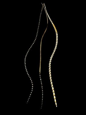 natúr barna-fehér-fekete valódi madártoll Hajbatoll 3 darabos szett fekete háttéren fotózva 